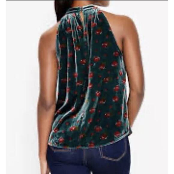 Loft Floral Velvet Shirred Halter Top Women's Medium Green Red Roses - Picture 2 of 10